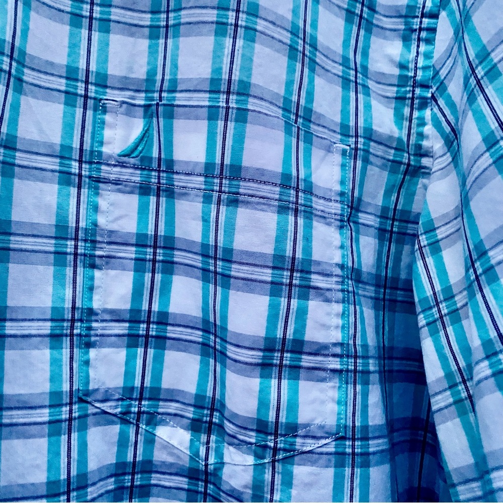 Nautica White Blue Green Button-down Long Sleeve front pocket Plaid Shirt Sz L - Picture 3 of 7